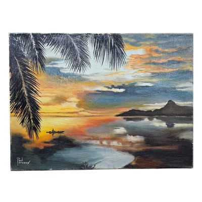 un tableau représentant un coucher de soleil avec des palmiers et un bateau sur l'eau