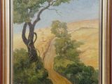 une peinture représentant un arbre et un chemin de terre dans un champ