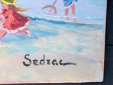 a painting of two children playing on the beach