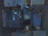 an image of a painting of a blue building with a clock on it