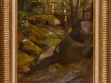 a painting of a wooded landscape with rocks and trees
