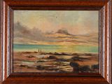 an oil painting of a beach scene with a lighthouse in the distance