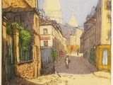 tableau représentant une rue d'une ville européenne avec une église en arrière-plan
