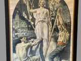 an old poster of a woman holding a sword in front of a man