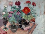 une peinture de fleurs dans un vase sur une table