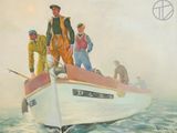 a painting of a group of men on a boat in the water