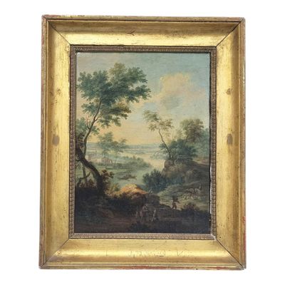 une peinture à l'huile représentant un paysage avec du bétail paissant au premier plan