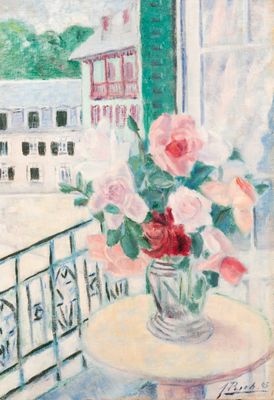 a painting of a vase of flowers on a table