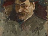 une peinture à l'huile représentant un homme moustachu coiffé d'un chapeau vert