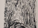 a black and white drawing of a tree lined road