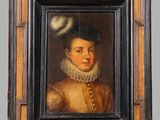 portrait of a young man in a brown dress with a white collar and a black hat