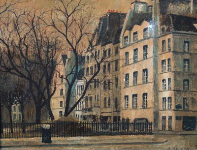 une peinture représentant un bâtiment surmonté d'une horloge