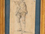 an old drawing of a man with a hat and a cane