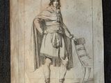 an old drawing of a man with a hat and cloak holding a sled