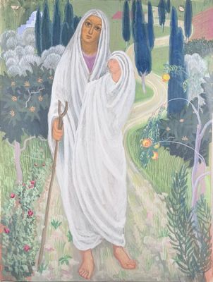 painting of a woman in a white robe holding a stick