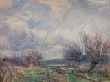 l'image d'une peinture d'un champ avec des arbres en arrière-plan