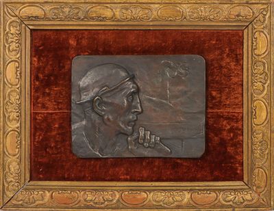 painting of a man smoking a cigarette in a wooden frame