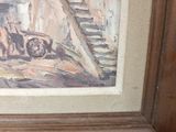 a painting of a horse pulling a cart down the street