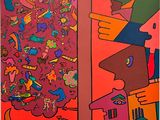 tableau aux couleurs vives représentant un homme et une femme devant un mur rouge