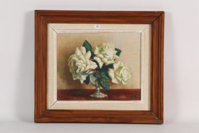 une peinture de fleurs blanches dans un vase sur une table
