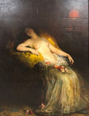 une peinture à l'huile représentant une femme assise sur une chaise, avec des fleurs dans les cheveux
