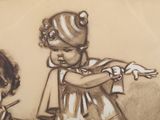 a drawing of a little girl and a boy playing with a toy