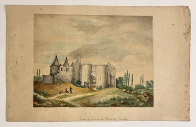 an old painting of a castle on a hill with a horse in the foreground