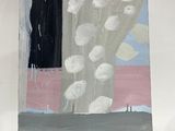 a painting on the wall of a room with a vase of flowers