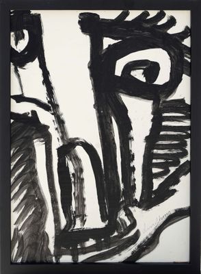 black and white abstract painting of a man with a guitar