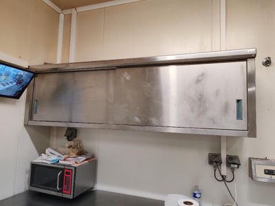 un micro-ondes posé sur le plan de travail de la cuisine, avec une télévision accrochée au mur