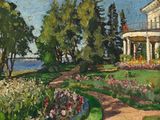 une peinture à l'huile représentant une maison et un jardin, avec un chemin qui y mène
