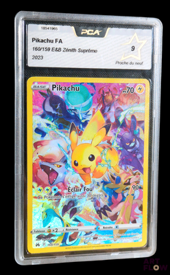 La carte Pokémon se trouve dans un étui en plastique transparent sur fond noir.