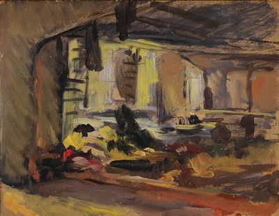 une peinture à l'huile représentant une cuisine avec beaucoup de nourriture sur le plan de travail