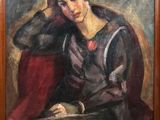 une peinture à l'huile représentant une femme assise sur une chaise, la main posée sur la tête