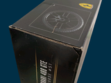 a black box with a clock on it on a blue background