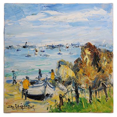 une peinture à l'huile représentant un cheval tirant une charrette sur la plage