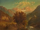 painting of a mountain scene with cattle grazing in a stream