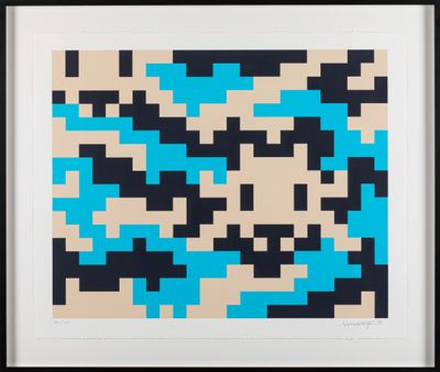 a blue and black abstract painting of squares on a beige background
