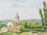 an oil painting of a church on a hill with trees in the foreground
