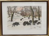 tableau représentant un troupeau de sangliers dans un paysage enneigé