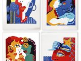 four different colored paintings of women in different colors