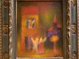 une image représentant un tableau où l'on voit une femme et un enfant devant une maison
