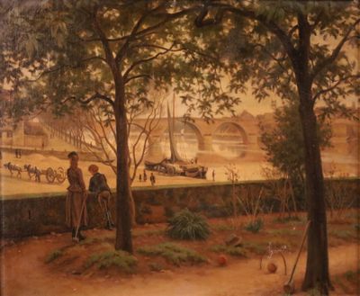 a painting of a couple of people standing by a tree