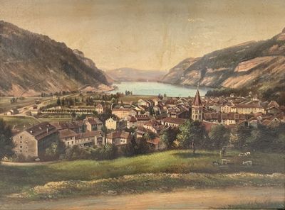 painting of a view of a town with a lake and mountains in the background