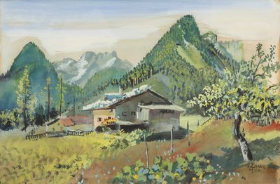 une peinture d'une maison au milieu d'un champ
