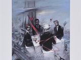 une image représentant un tableau où l'on voit un groupe de personnes assises à l'avant d'un bateau