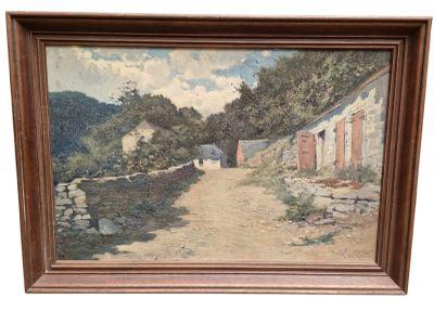 an oil painting of a country road with a barn in the background