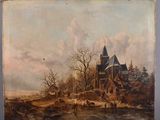 an old painting of a church on a snowy day