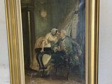 painting of a man and a woman sitting on a chair in a room