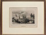 un vieux dessin représentant un château au milieu d'un champ